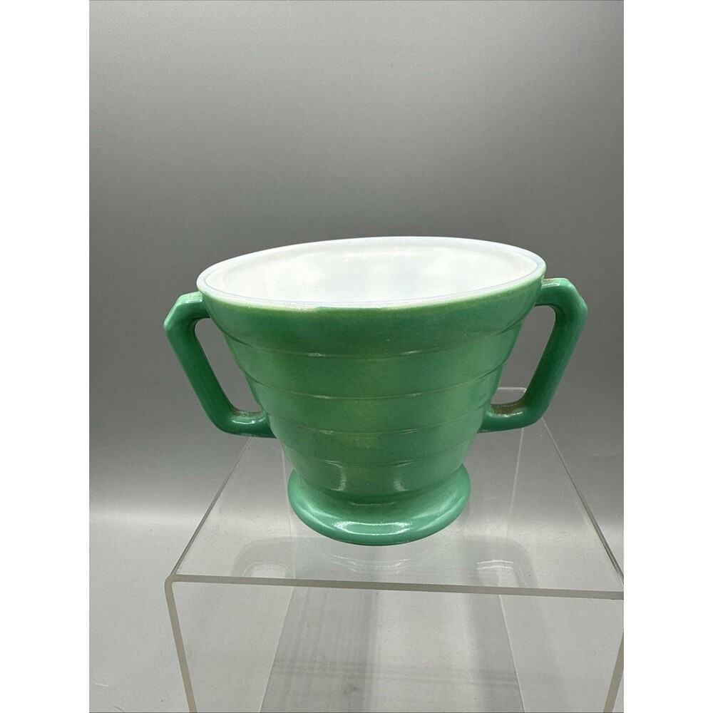 Vintage Hazel Atlas Platonite Moderntone Sugar Bowl Teal Blue Green Handled MCM